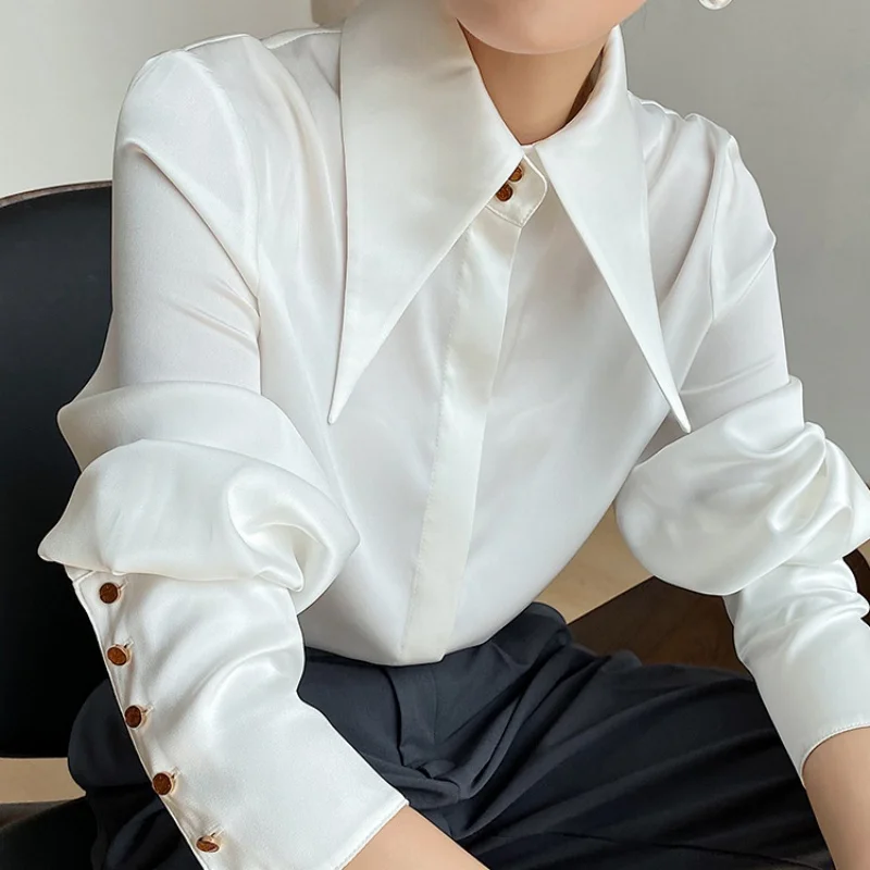 Vintage Turn Down Collar Shirts 2024 Fashion Office Lady Elegant Tops Long Sleeve Satin Blouses Autumn Casual Clothing