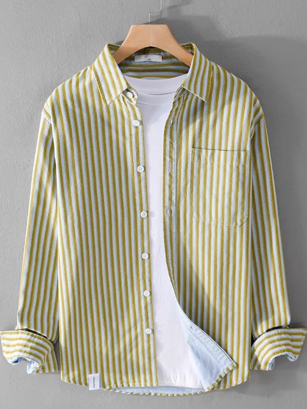 

Повседневная хлопковая рубашка в полоску с длинным рукавом для мужчин, свободного кроя, модная, для весны и осени, на пуговицах, для молодежи