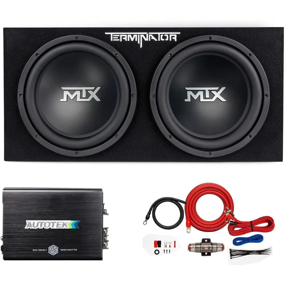 

TNE212D 12" 1200 Watt 4 Ohm Dual Loaded Car Audio Subwooer Package with Sub Enclosure, 1200W Monoblock A/B Ampliier and 4 Gauge