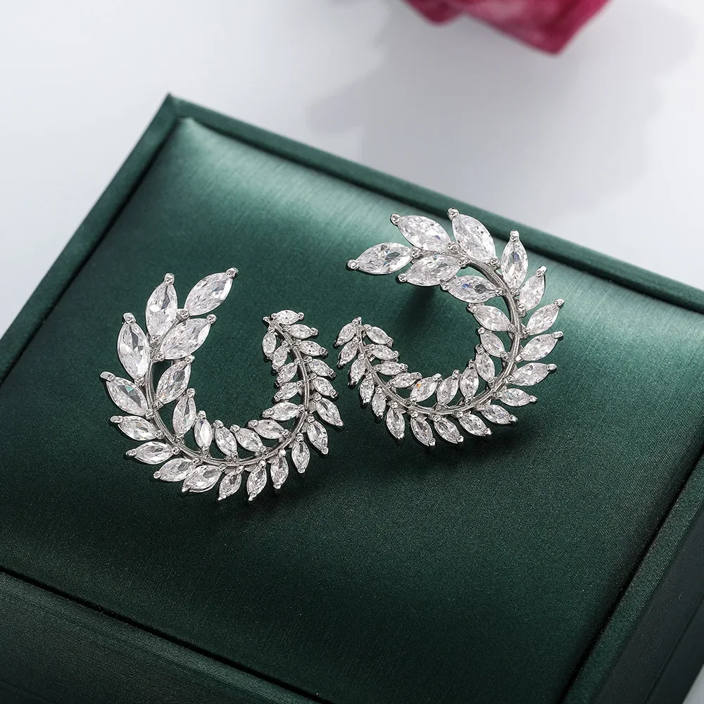 

New Design Sparkly Olive Branch Leaf Shape Marquise Cut Big 5a Zircon Stud Earrings For Women Shine Fine 925 silver Jewelry