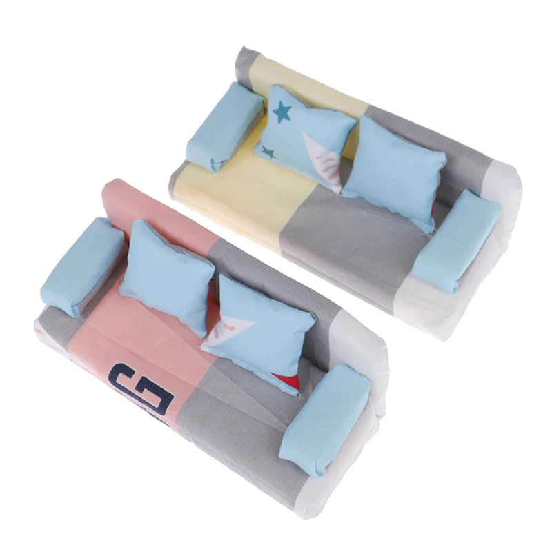 1Set Random Dollhouse Small Floral Fabric Long Sofa With 2Pcs Pillows Doll House Furniture Decor Toy Accessories-Toy