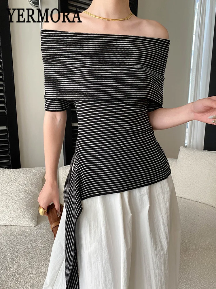 

YERMORA Women's Black Striped Ribbon Knitting Pullover Boat Neck Long Short Sleeve Loose New Sweater Fashion Tide Spring Summer