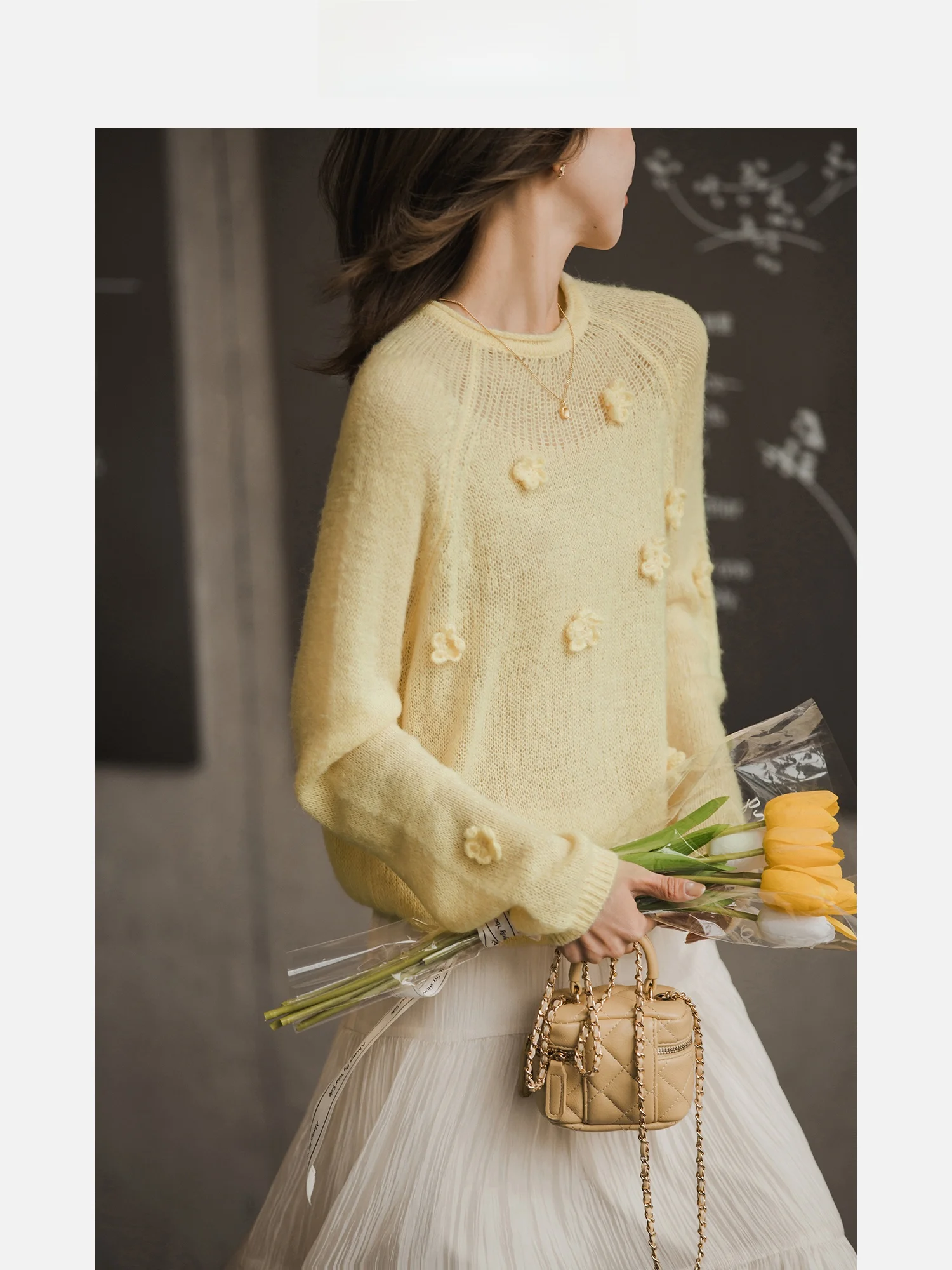 

Women's Knitted Sweater Hollow out Crochet Flower Design Wool Blend Long Sve round Ne ort Sle Casual Spring New