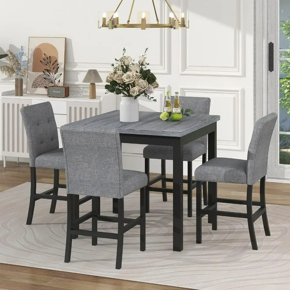 Dining Table Set Counter Height  for 4 High Top Square Kitchen Table and Chair Dinning Room Pub Table and High-Back Chair Set