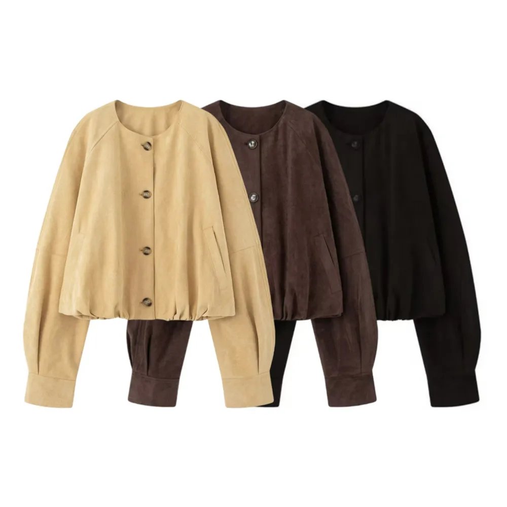 

PB&ZA2025 autumn new women's clothing fashionable commuting hem pleated round neck long sleeve suede short jacket