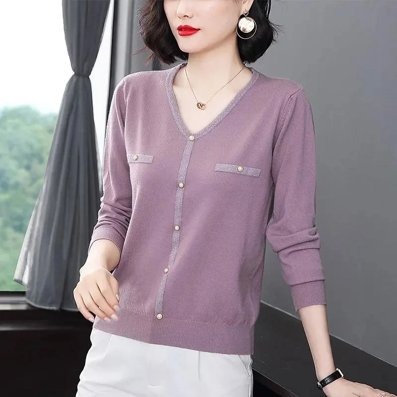 

Korean Fashion Knitted Bottoming Shirt Female Loose Plus Size Elegant Women Sweaters V-Neck Thin Top Long Sleeves Pullover