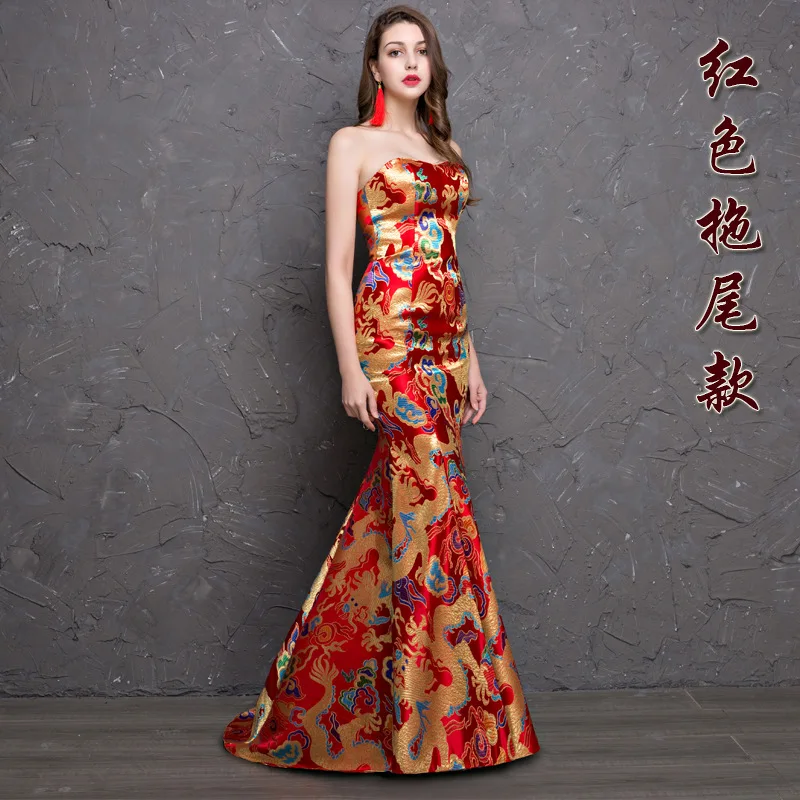 Wholesale of new printed red, golden, dragon patterned Chinese fishtail wedding dresses with floor length tail and waist length