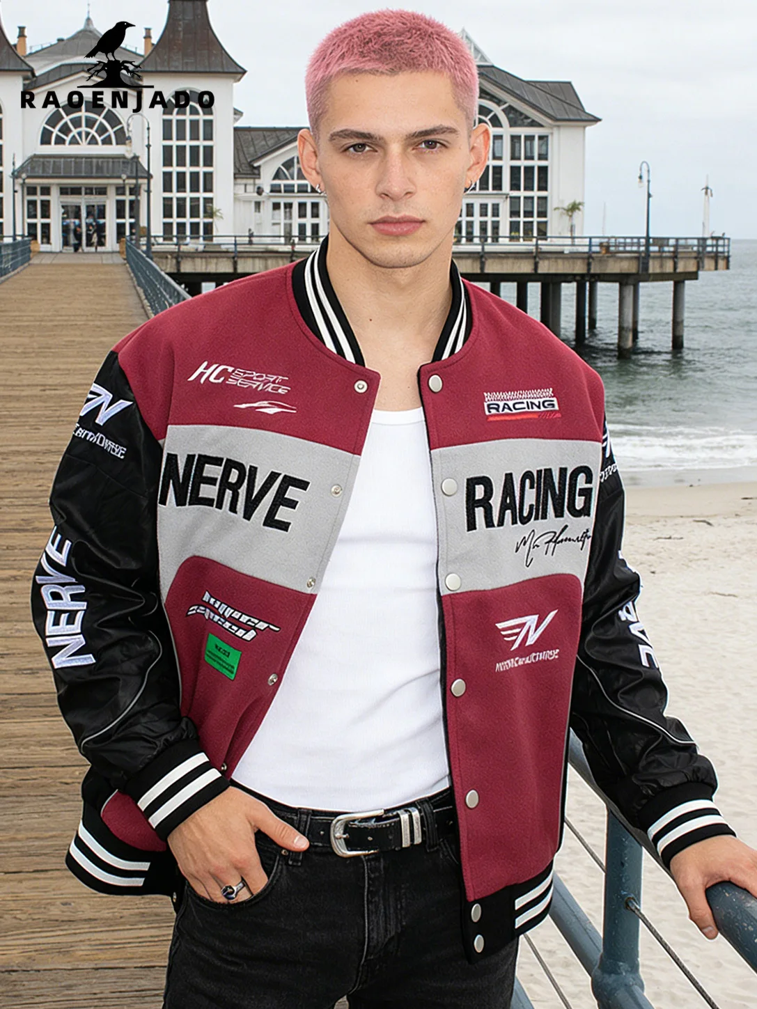 

Men's Bomber Jacket Faux Leather Sleeves Motorcycle Coat Varsity Baseball Uniform Letterman Loose Spring/Autumn Race Car Clothes