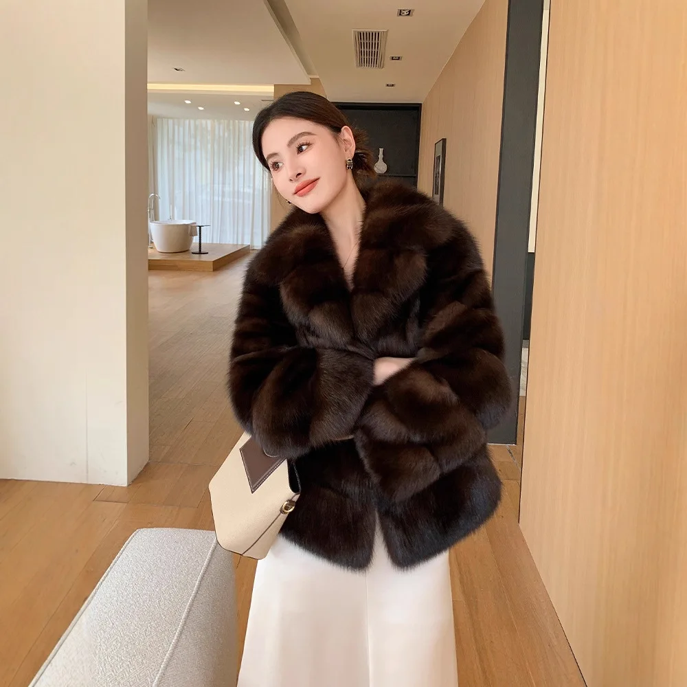 

2025 Winter Women Artificial Fur Jacket Retro Brown Lapel Collar Female Imitation Fur Outwear Short Versatile Lady Eco Fur Coat