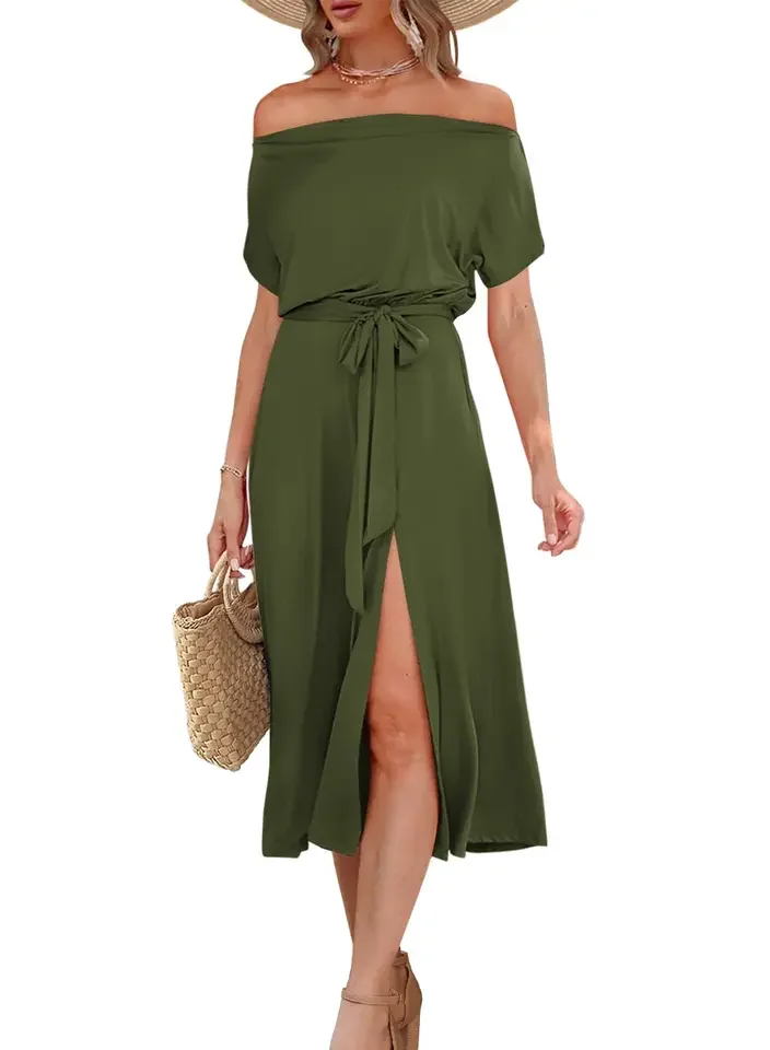 

New Women's Trendy 2025 Summer Dress Strapless Short-sleeve Belted Waist Slit Dresses Off-the-shoulder Lace-up Casual Robe Femme
