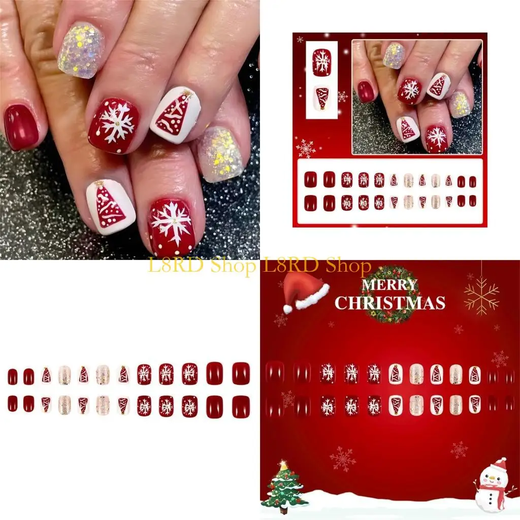

L8RD 24Pcs Short Square on Glittering French Tip Press On Full Cover with Festive Christmas Tree Designs