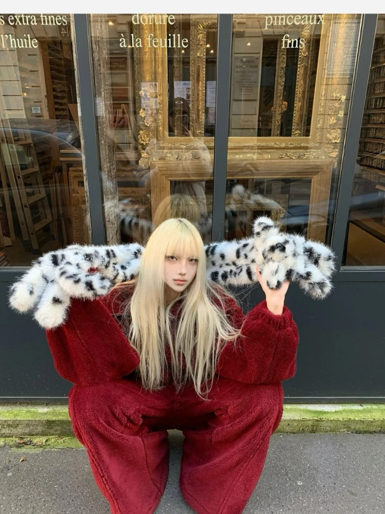 

Oversize Crop Jacket & Wide Leg Pants, Vintage Edgy Streetwear for Autumn Winter 2025 Women's Y2K Burgundy Fuzzy Two-Piece Set