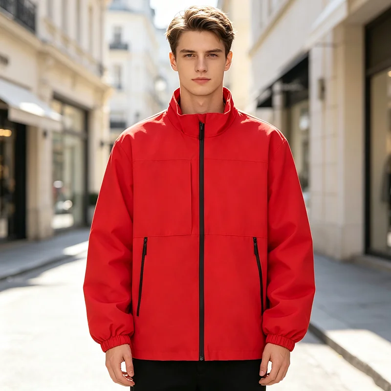 Men Clothing Stand Collar Softshell Windbreaker Wind‑Resistant Waterproof Zip‑Up Pocket Windproof Jacket Long-Sleeved Tops