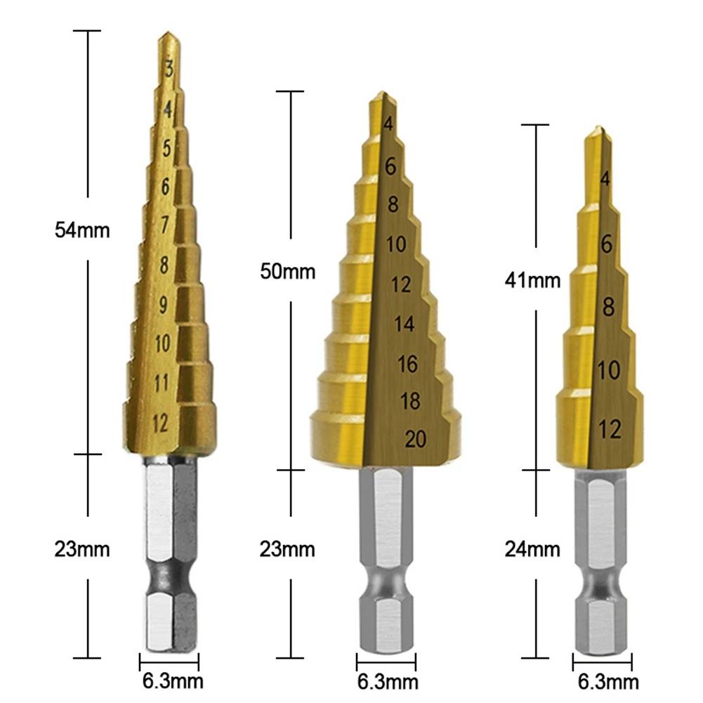 Step Drill Bit 3Pcs Hss Step Drill Bit Set Cone Hole Cutter Taper Metric Nitriding Hex Core Drill Bits Gold