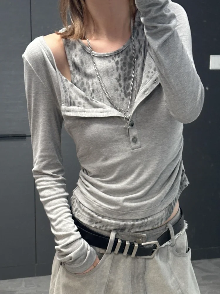 

Gray Leopard Print Off Shoulder Long Sleeve T-shirts Women Harajuku Slim Fit Base Short Tops Vintage Punk Y2k Goth Tees