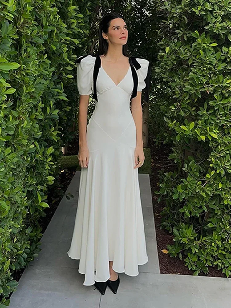 Robe maxi vintage à lacets avec nœud pour femme, col en V, manches courtes bouffantes, streetwear Y2K, tenues de club de fête, été, automne