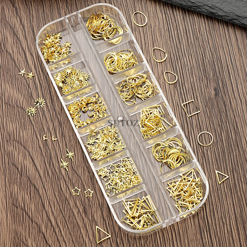 Sun Star Moon Nail Charms 3D Metal Gold Nail Decorations Sea Shell Triangles Heart Hollow Rivet Studs Manicure Supplies GL772-11