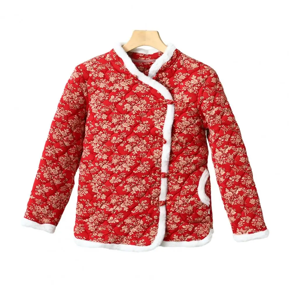 Dames katoenen jas herfst winter bloemenprint dikke warme fleece voering pluche V-hals knoop knoopzak gewatteerde jas