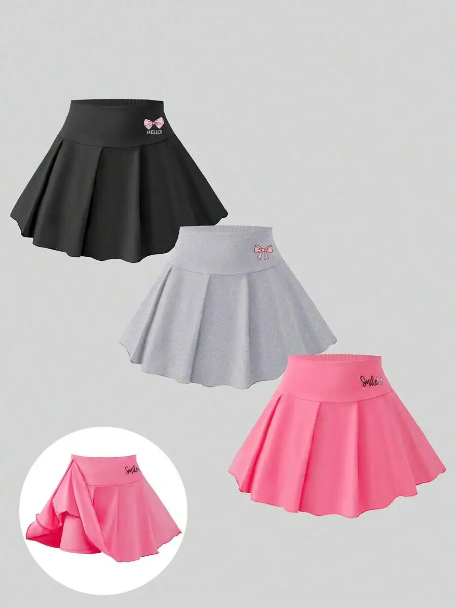

3-Pack Girls Pleated Skorts with Bow Embroidery, Casual School Style