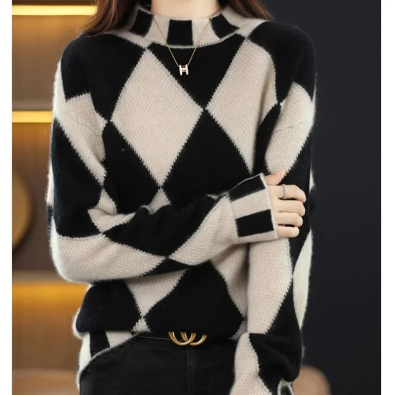 2023 Autumn and Winter New Fashion Women's Clothing Half High Neck Long Sleeve Temperament Versatile Commuter Lattice Sweater