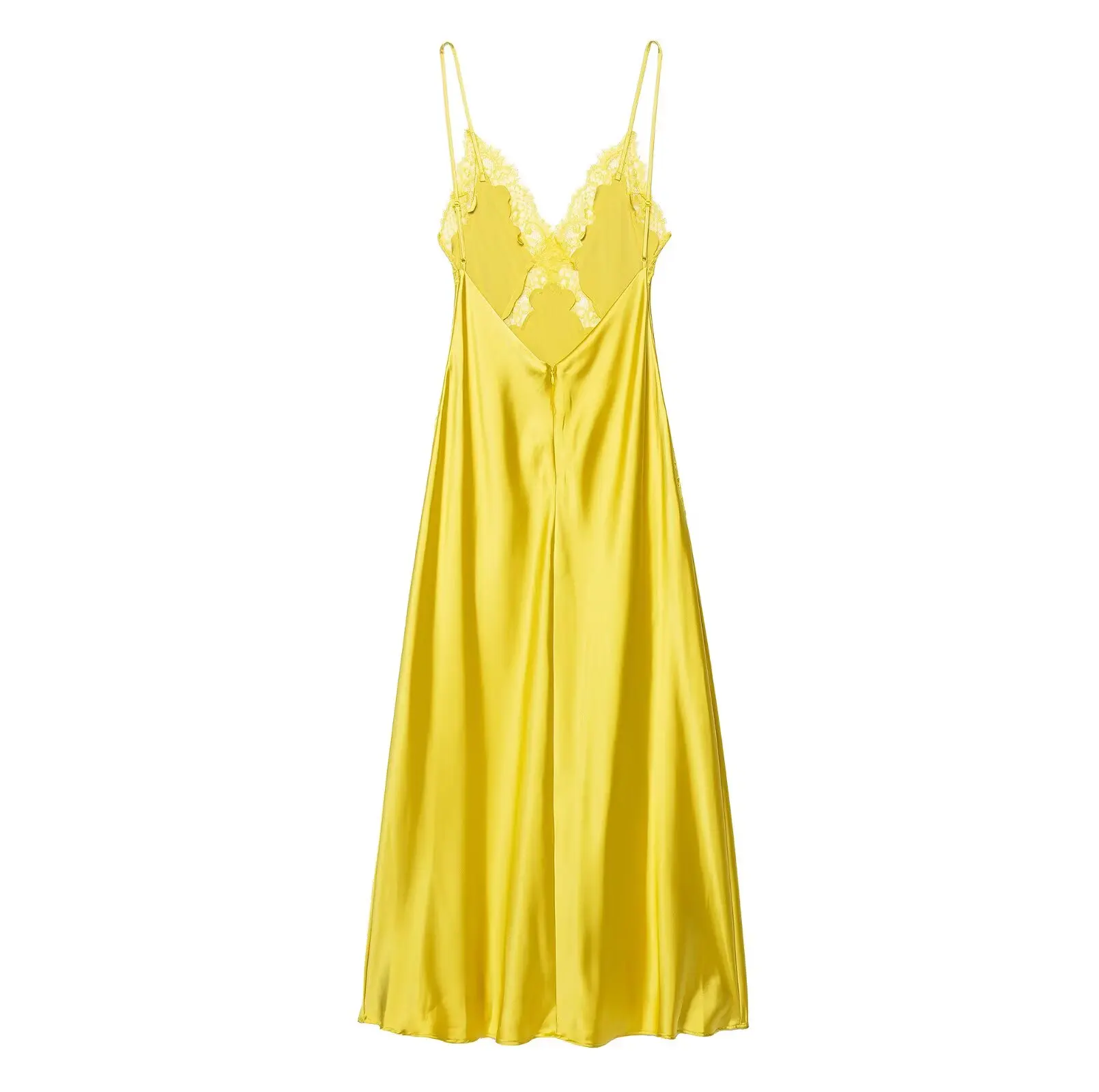 HH 2026 Women Summer Sling Midi Dresses Yellow Hollow Out V-neck Lace Cutout Sleeveless Elegant Sexy Slim Stain Dress For Party