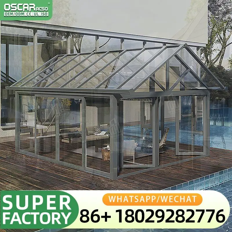 Gran casa de cristal prefabricada de aluminio de paquete plano para piscina y solárium en villa con exposición solar