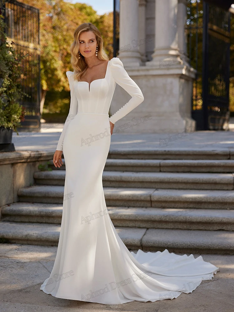 Bescheidene Brautkleider aus Satin, volle Ärmel, Roben, quadratischer Kragen, bodenlang, glamourös, Vestidos de Novia, individuell gestaltet