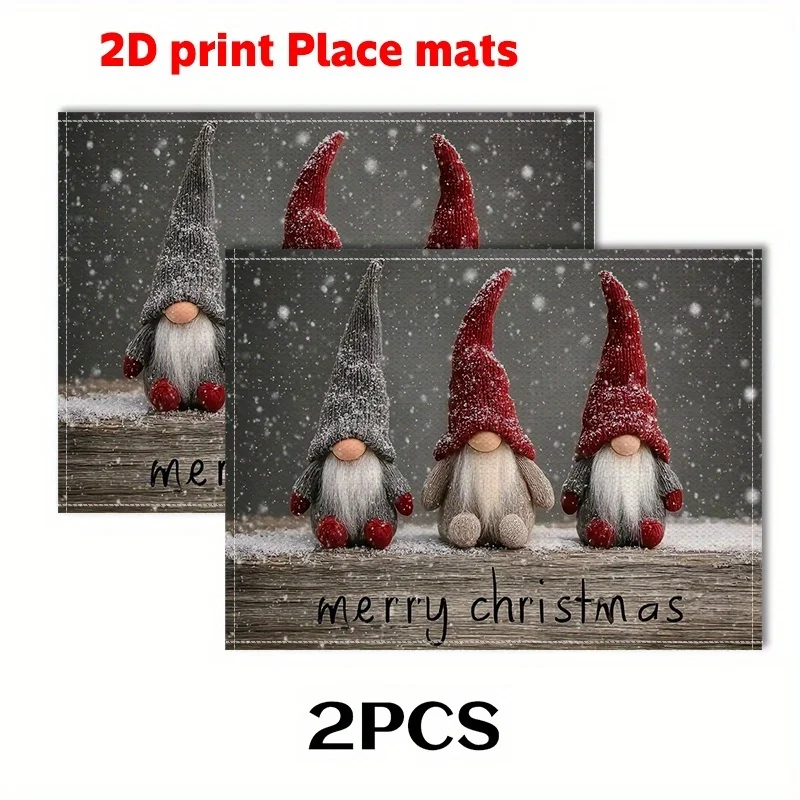 Christmas Gnome Placemats, Snowflake Wooden Background Printed Linen Table Mats, Xmas Table Decoration