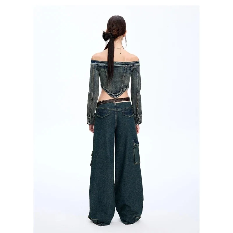 Women\'s Blue Cargo Jeans Vintage Y2k 90s Aesthetic Baggy Denim Trousers 2000s Harajuku Oversize Cowboy Pants Trashy Clothes 2024