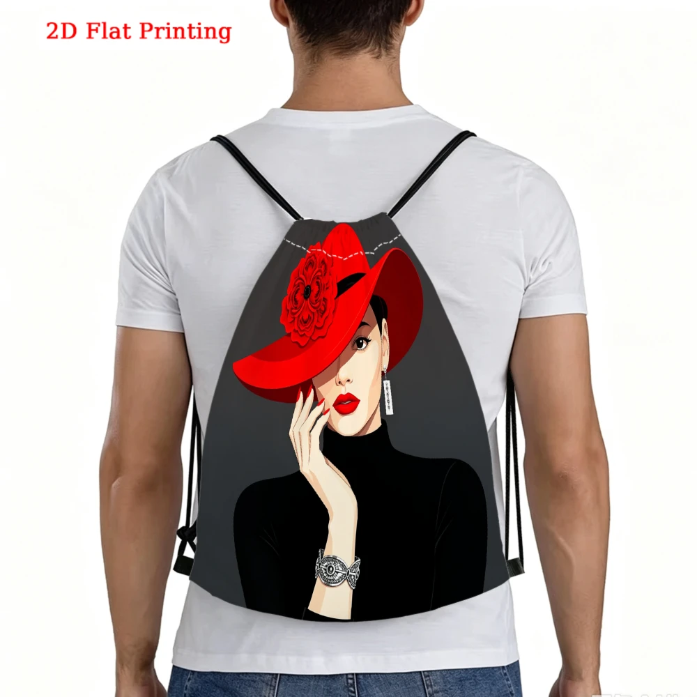 Woman In Red Hat Drawstring Backpack, Travel Shoe Bag, Fitness Sports Backpack, Travel Outdoor Drawstring Bag