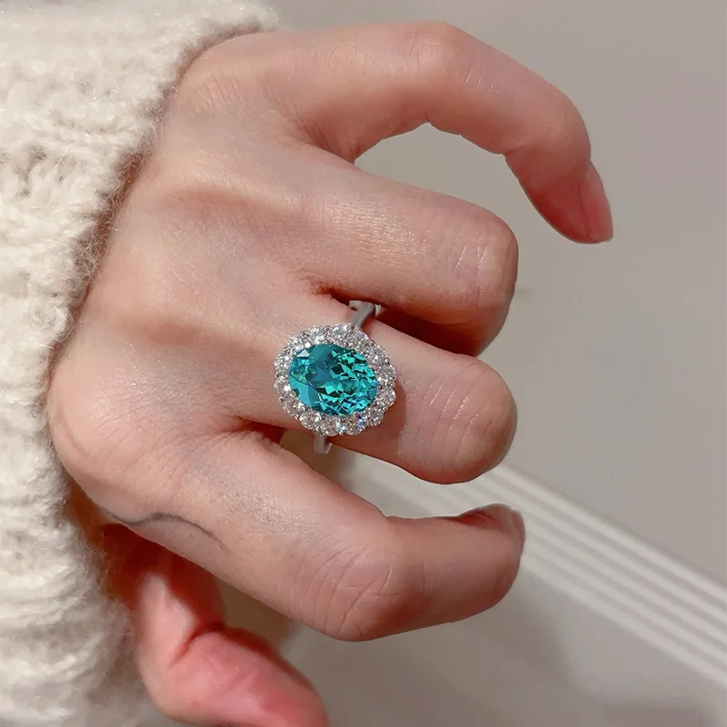 Cultivate new 100% S925 silver Paraiba precision cut ring for women, 8 * 10mm oval surround with light luxury wedding jewelry
