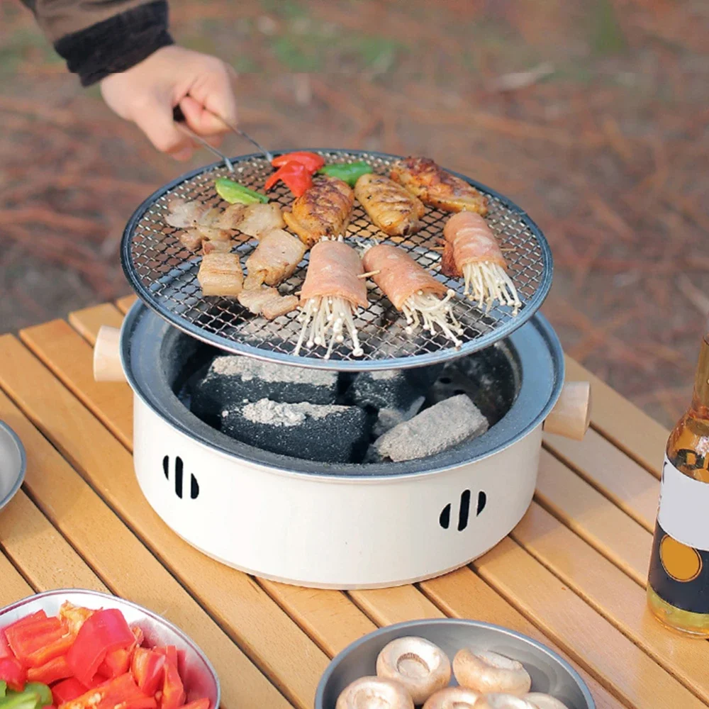 28cm(without carbon)Portable Round Barbecue Stove With Wire Mesh Grill Non-Stick Baking Pan Tabletop Household Camping BBQ Tools