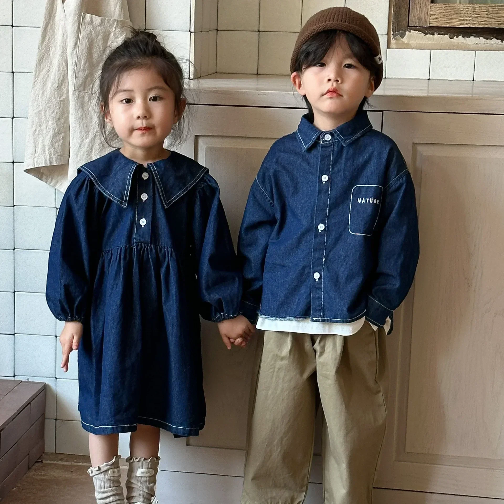 4058 Brother Sister Clothes 2024 Autumn New Girls' Denim Dresses Or Baby Boy's Shirt Coat Cool Denim Jacket