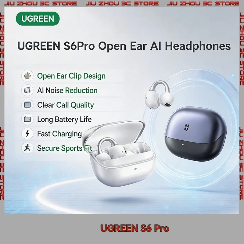 UGREEN S6 Pro Open Ear Clip Wireless Bluetooth Earbuds Ai Translation 48H Long Battery Life Ai Call Noise Reduction For Sports