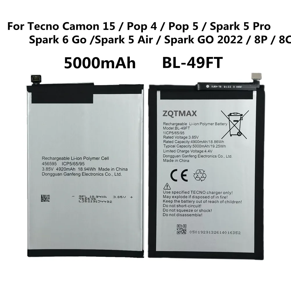 New BL-49FT Battery For Tecno Spark 5 Pro / Spark 6 Go /Spark 5 Air / Camon 15 / Pop 4 5 / Spark GO 2022 / 8P 8C BL 49FT Bateria