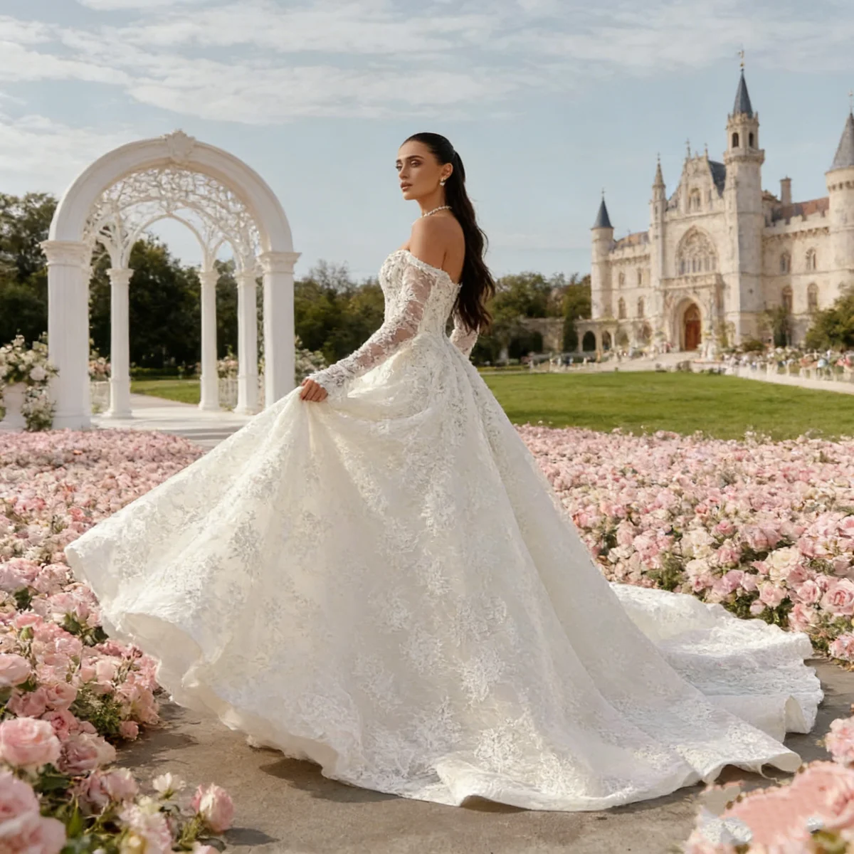 

Luxury Off-Shoulder Wedding Dress Lace Ball Gown with Long Sleeves Embroidered Train Custom Made Bridal Gown