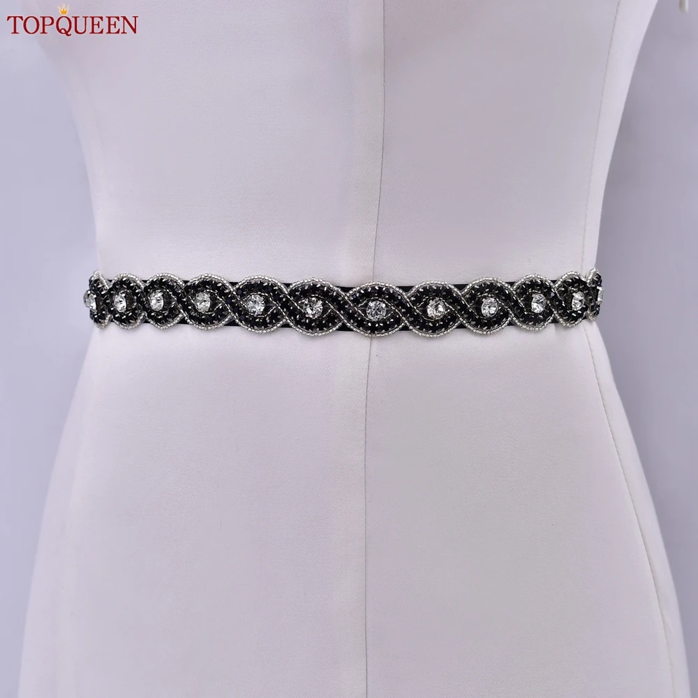 TOPQUEEN Popular Black Stone Evening Dress Gown Belt Full Rhinestone Applique Bridesmaid Belt Wedding Accessories S28-BK