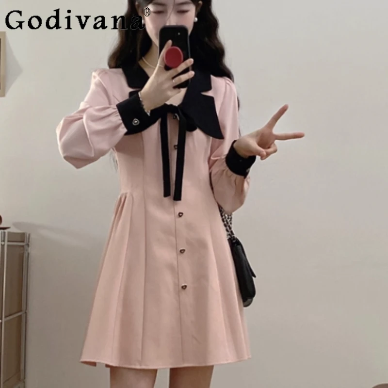 

Spring AutumnLarge Size Doll Collar French Pink Bow Dresses Japanese High Waist A-line Long Sleeve Age Reduction Girls Dress