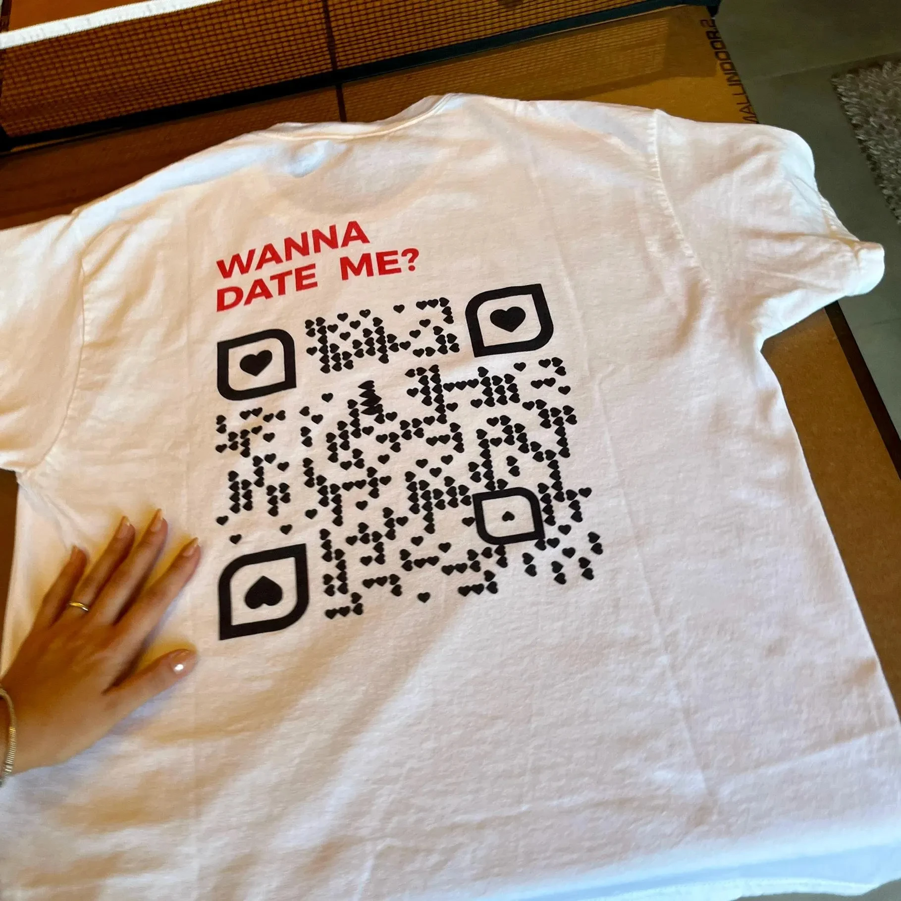 Wanna Date Me QR Code Graphic T - Shirt Men Women Valentine's Humor Tee White