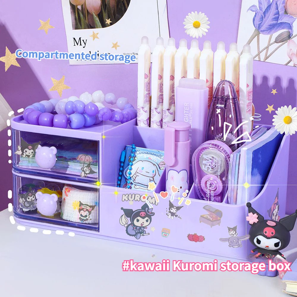 desktop storage box com gaveta bonito pen holder organizador de papelaria kawaii sanrio kuromi stand 01