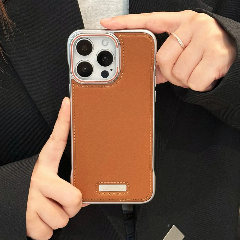 

Luxury Matte PU Leather Frameless Phone Case For iPhone 16 15 14 13 12 Pro Max Plus Metal Lens Protection Shockproof Back Cover