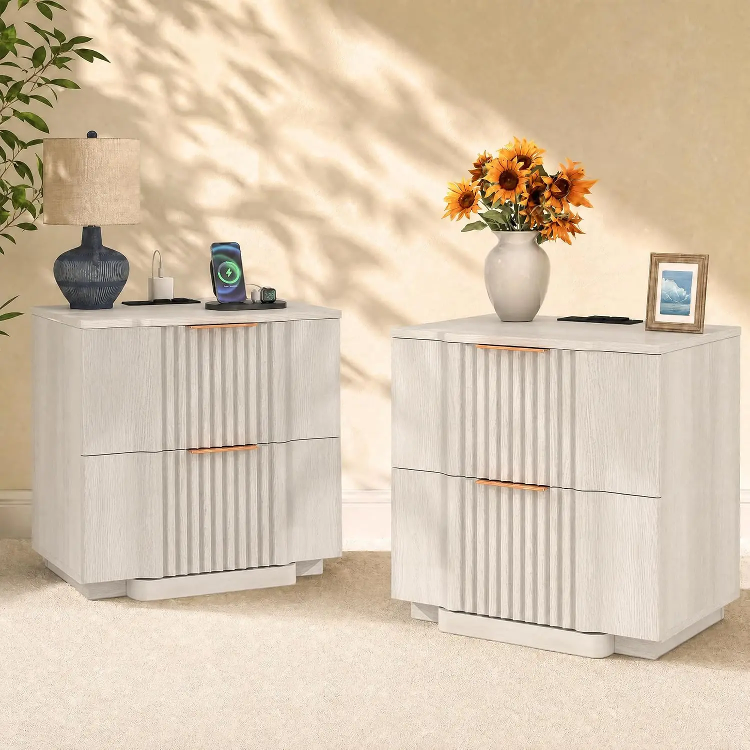 Fluted Bedside Table with Ultra-Fast Charging Station, White, Set of 2, Customized