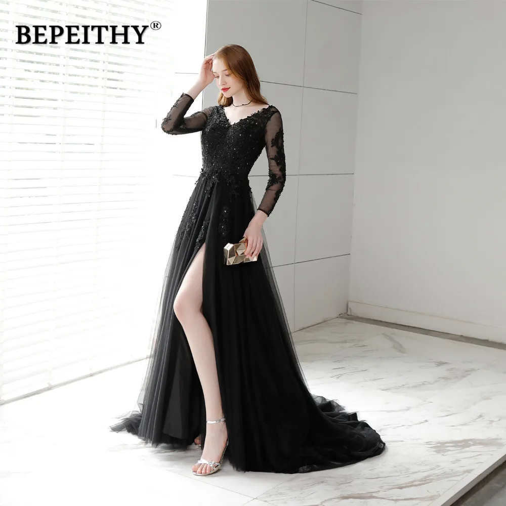 BEPEITHY Customized Charming Black Prom Dress Full Sleeves Sexy Backless Robe De Soirée V-neck Court Train Formal Occasion Dress