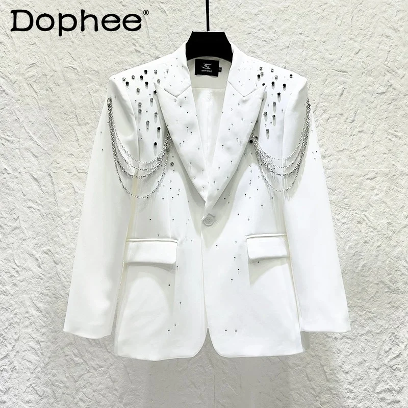 

2026 Men's Trendy Suit Jackets Metal Chain Diamond-encrusted Chic Tailored Coats Men's High-end Light Luxury Solid Color Blazers