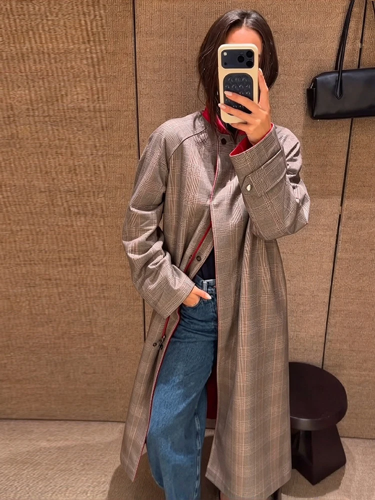 Fashion Plaid Solid Two Sides Overcoat  Women Stand Collar Snap Button Loose Fit Maxi Coat 2026 Autumn Commute Street Outerwear