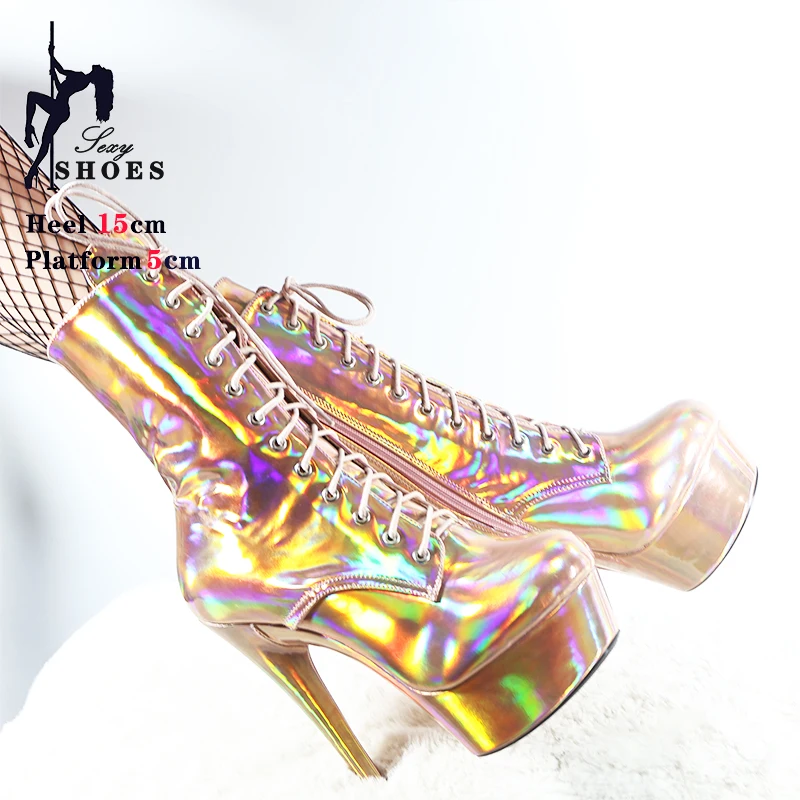 Sexy 15CM Exotic Pole Dancing Shoes High Heel Platform Lace-Up Spring Autumn Bright Golden Gradient Ankle Boots Stripper Shoes