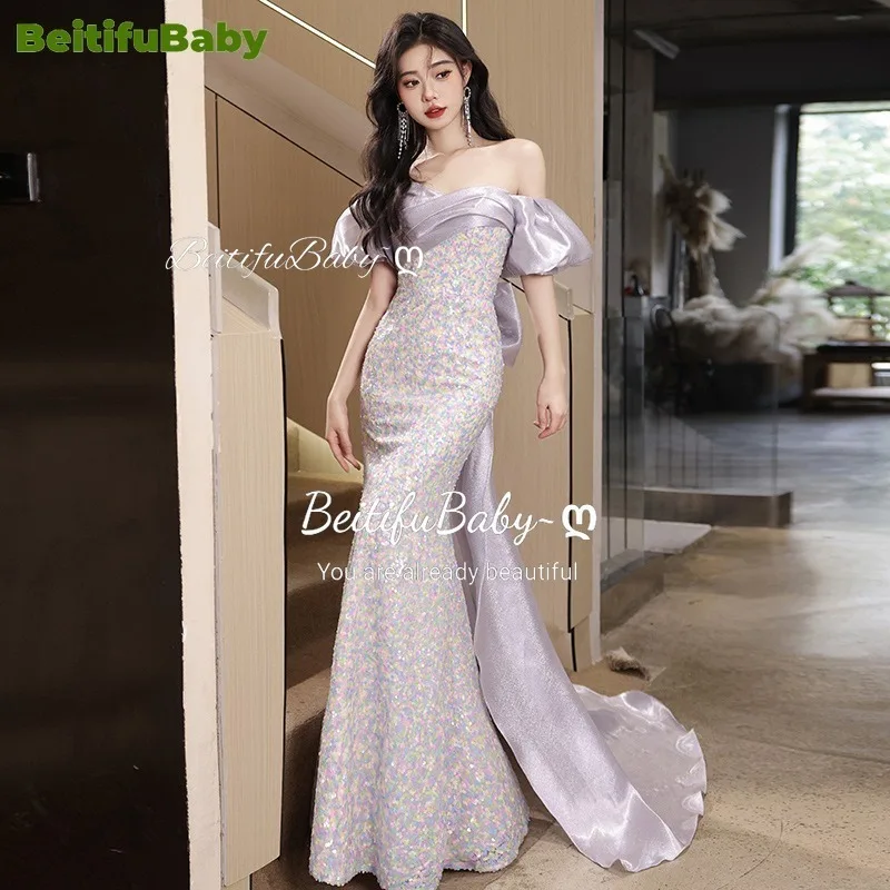 BeitifuBaby Elegant Prom Dresses for Women 2024 Off The Shoulder Strapless Bow Sequins Skirts Banquet Gown Mermaid Evening Dress