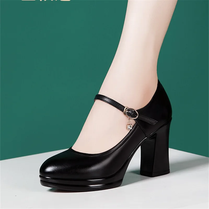 High heels 2026 runway high heels women's soft leather thick heel round toe waterproof platform black work women's shoes