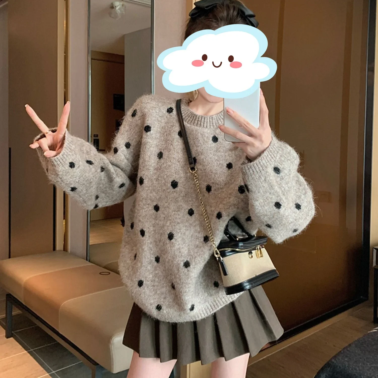 Suéter de punto holgado con cuello redondo para mujer, ropa de abrigo versátil y cómoda con estampado de lunares para otoño e invierno, estilo invernal, grueso