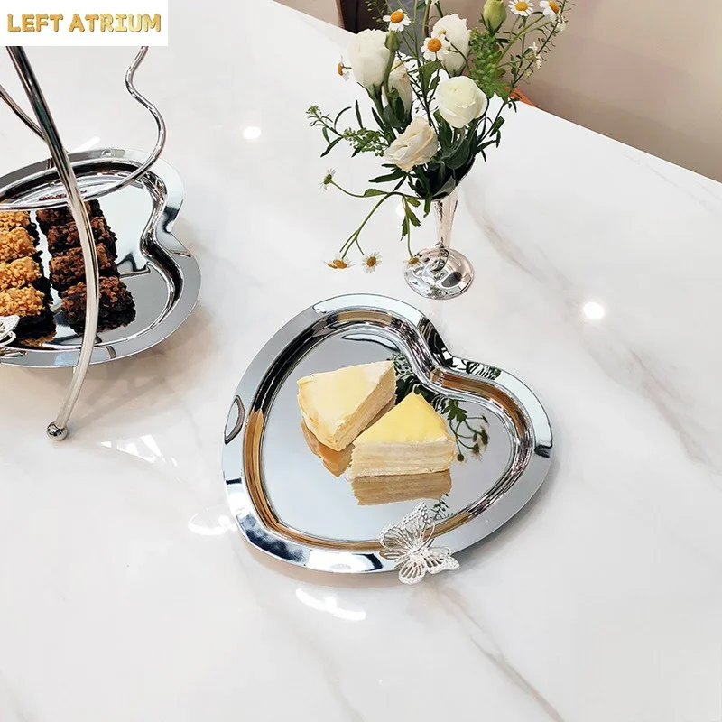 2PCS Luxury Minimalist Ins Style Stainless Steel Heart Shape Fruit Tray Cosmetic Jewelry Dish Metal Dessert Cake Plate